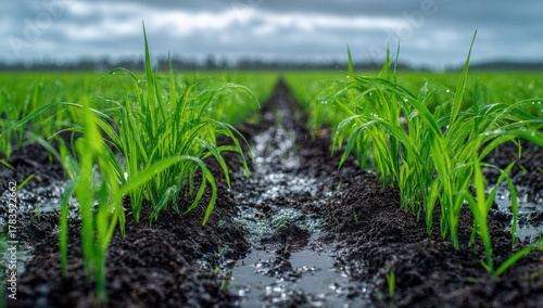 Healthy rice plants growing in a flooded field under a cloudy sky in the early morning light