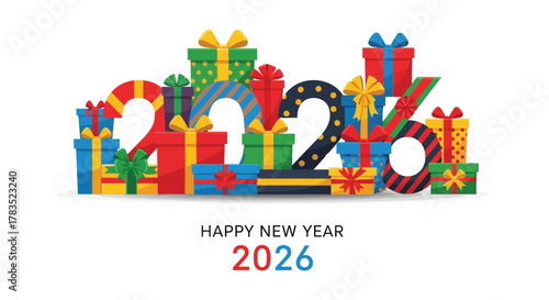 Happy new year 2026 greeting card with colorful gift boxes forming the numbers and festive decorations