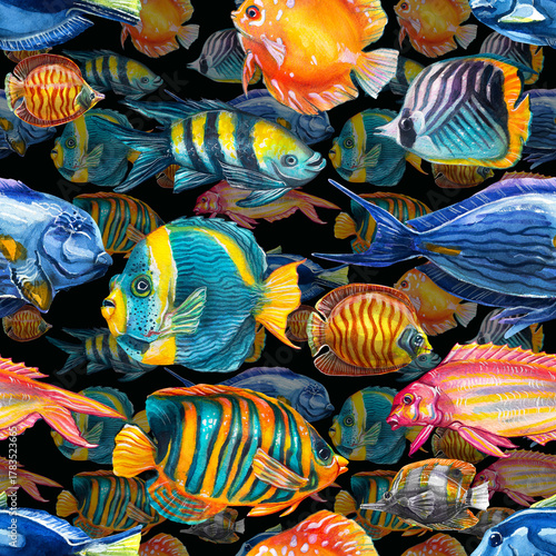Seamless multicolored pattern with layers of exotic fish. Watercolor drawing seamless on black background.