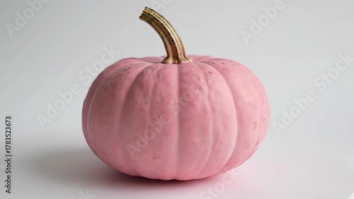 Pink pumpkin on white background, still life, studio shot for seasonal decor, advertising