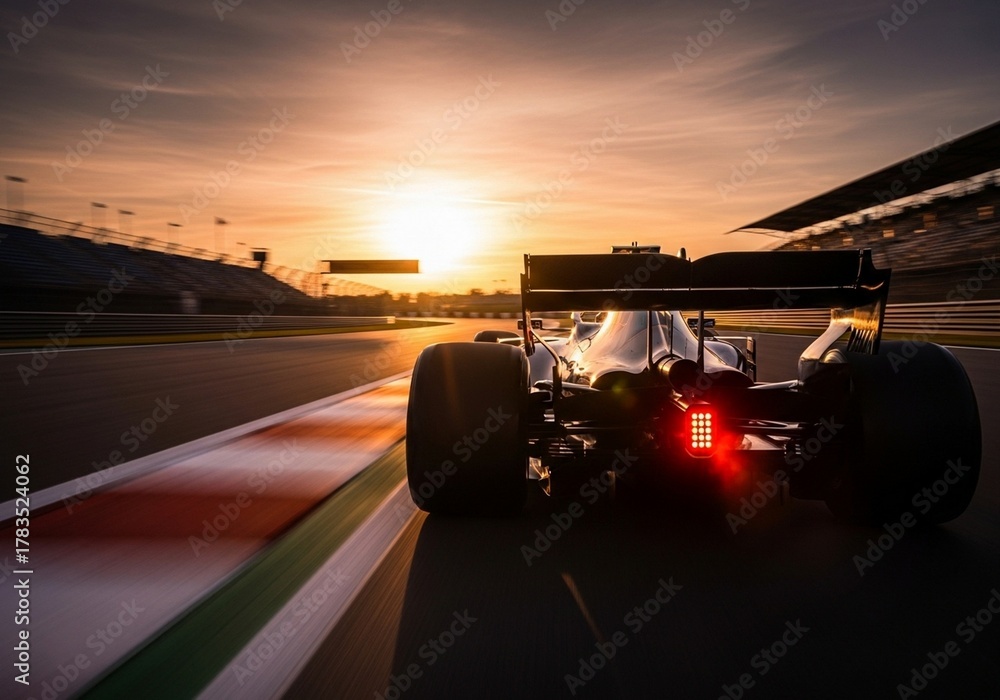 Naklejka premium Formula One Race Car Speeding at Sunset