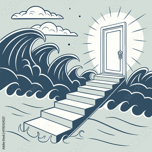 Stairway to Doorway Amidst Waves and Clouds Illustration Concept stairway