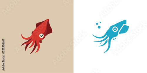 Two squid icons in different colors and styles on split backgrounds