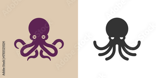 Cute cartoon octopus illustration, purple and black icons on beige background