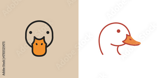 Minimalist duck head icon set with front and side profile views. Simple line art logo design concept