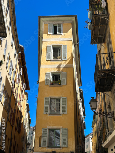 View of the house in the old town on a sunny day. Nice. France.