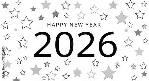 Happy new year 2026 text with scattered stars in black and gray on a white background
