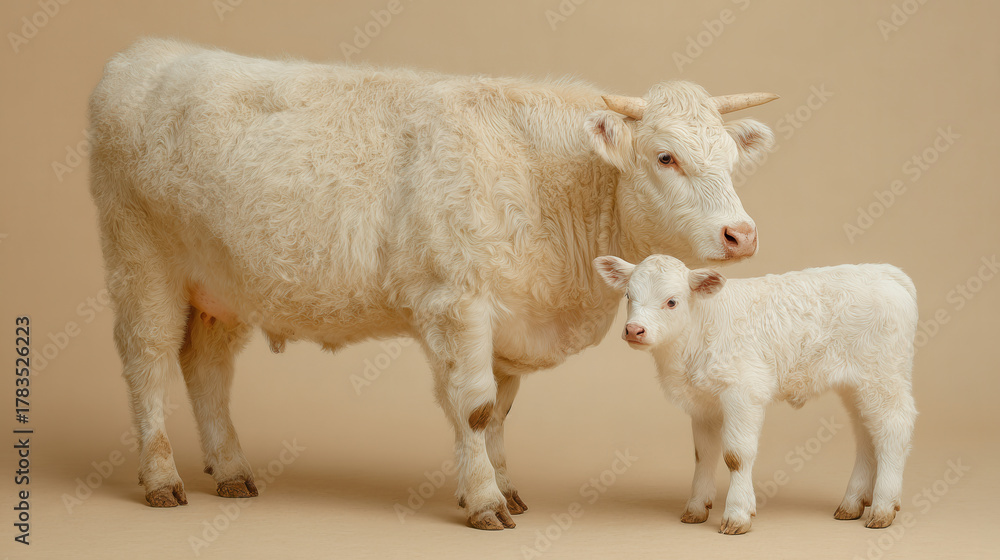 Fototapeta premium Soft white cow stands with a small calf in a neutral setting highlighting their close bond and gentle appearance