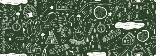 Seamless banner with doodle camping, hiking and travel elements. Hand drawn tourism equipment on green background. Outline mountains, wild forest drawings. Vector pattern