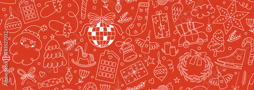 Red background with scattered doodle christmas drawings. New Year seamless banner with cute outline holiday icons for wrapping paper, pattern design and wallpaper