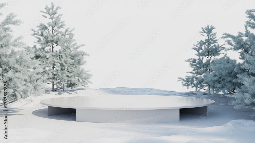 Fototapeta premium Elegant winter product display with snowy trees creates a peaceful Christmas vibe