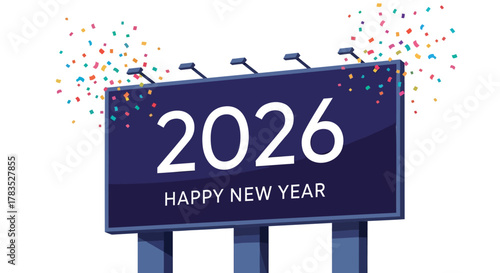 Happy new year 2026 displayed on a large billboard with colorful confetti celebrating the upcoming year