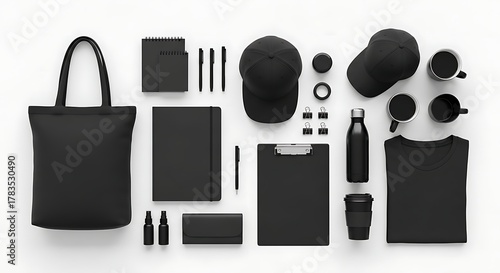 Black branding mockup with tote bag and stationery items.