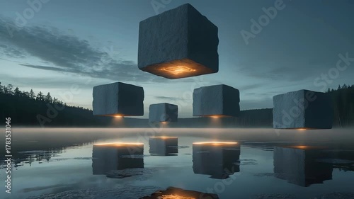 Floating Concrete Cubes with Glowing Undersides over Calm Lake at Twilight