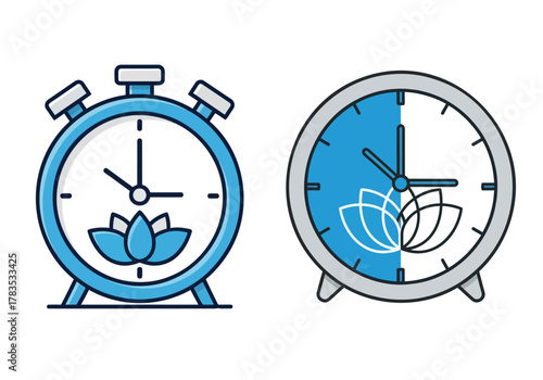 Two stylized clocks show the passage of time and a serene lotus flower