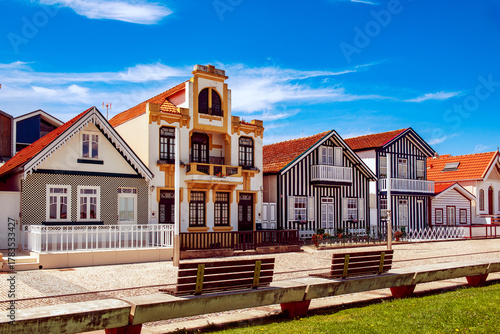 Costa Nova, Aveiro, Portugal: colorful striped houses called Palheiros at street