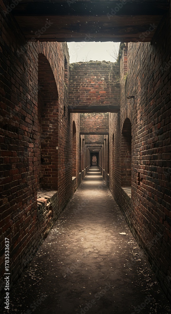 Obraz premium Ancient Brick Corridor With Sunlight Rays And Repeating Arches.