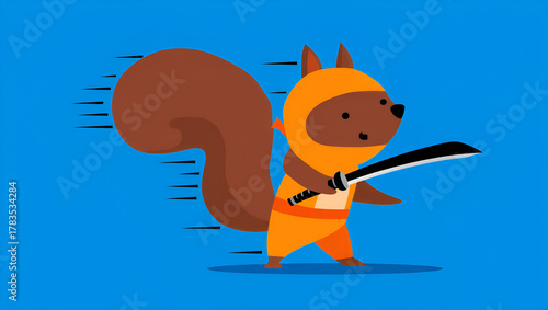 Cartoon Ninja Squirrel Running with Sword on Blue Background, Generative AI