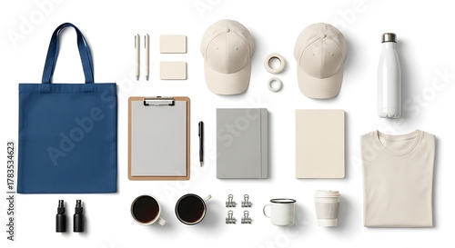 Flat lay of promotional items for branding and marketing.