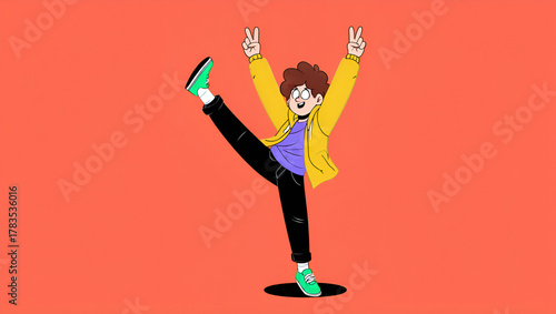 A dynamic illustration of a joyful young person celebrating peace and happiness with a vibrant pose, showcasing positive energy and modern style, Generative AI
