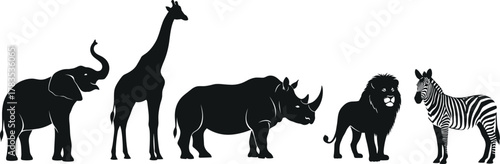 African wildlife animal silhouettes including elephant, giraffe, rhino, lion, zebra in savanna scene for nature, safari, vector illustration