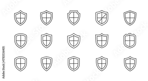 Collection of simple linear shield icons, representing defense, security, insurance, and protection. These minimalistic line art pictograms are perfect for web design, graphic design, mobile