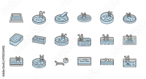 Collection of minimalistic linear pictograms representing various swimming pools and pool-related elements, including different shapes, ladders, diving boards, lounge chairs, and swimmers, perfect