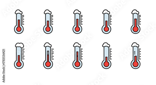Collection of ten identical thermometer icons with snow on top, rendered in a clean, modern outline line art style with a red liquid fill, set against a crisp white background, perfect for graphic