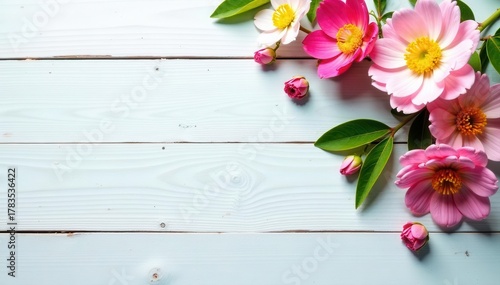 Delicate spring blooms arranged on weathered white wood , details, flat lay, image