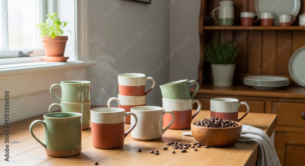 Fototapeta premium Stylish ceramic mugs in warm earthy tones on a table
