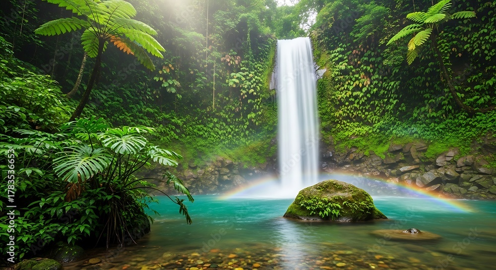 Naklejka premium Sunbeams shine on a majestic waterfall cascading into a turquoise lagoon with a rainbow in a lush jungle