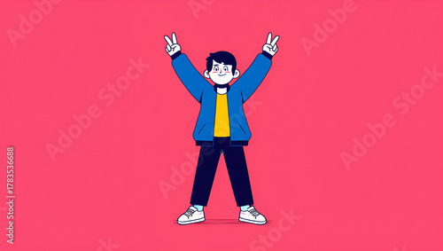 Joyful Kid with Arms Up Vector Illustration of a Happy Boy Against a Bright Background, Generative AI
