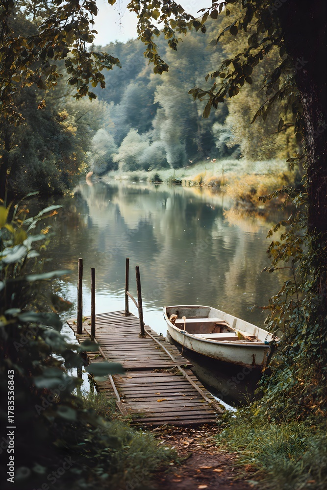Fototapeta premium Tranquil river scene with wooden dock and rowboat surrounded by lush green forest