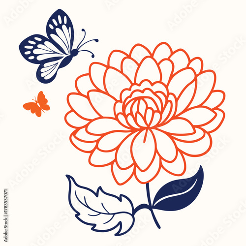 Dahlia (Dahlia) with flying butterfly, balanced vector composition, delicate lines, pastel background, aesthetic art style, high quality vector, smooth edges