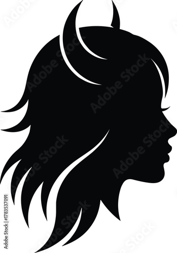 Aries zodiac woman silhouette with horn hairstyle, black vector profile for astrology, tattoo, mystic design, horoscope, and celestial art