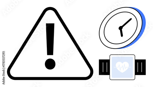 Warning sign symbol with an exclamation mark, clock indicating urgency, and smartwatch tracking heart rate. Ideal for time management, health monitoring, medical alerts, fitness, safety awareness