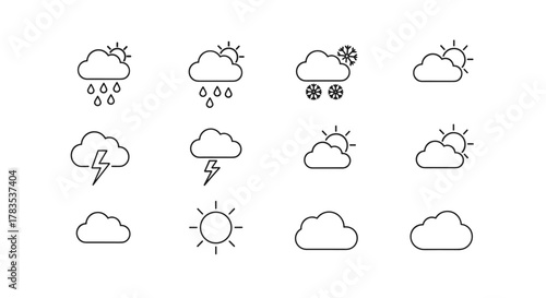 Collection of minimalistic line icons representing various weather conditions including rain, snow, thunderstorms, sun, and clouds, perfect for web design, graphic design, app interfaces, banners