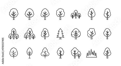 Collection of minimalist line art icons representing various trees, including deciduous and coniferous varieties, set against a clean white background, perfect for graphic design, web sites, cards