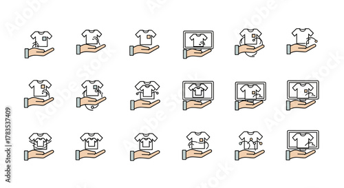 Set of minimalistic vector cartoon illustrations depicting a hand holding a t-shirt, with variations showing online presentation on a computer screen, design customization, and interactive elements