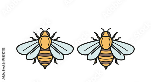 Two stylized bees in outline style, depicted with vibrant yellow and brown stripes, translucent light blue wings, and delicate antennae, presented against a clean white background, symbolizing