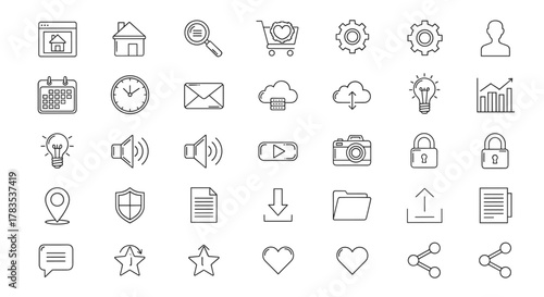 A comprehensive collection of 36 essential web page line icons, featuring outline signs for graphic and web design, apps, advertisements, and various cards. This vector cartoon illustration set
