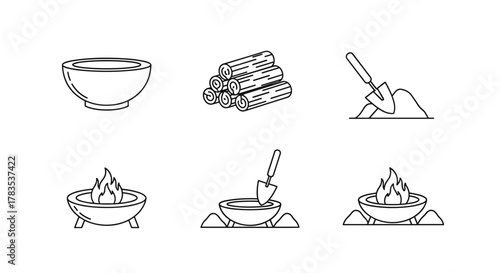 Set of outline icons depicting the installation of an outdoor fire pit, including a fire pit bowl, a stack of firewood, a shovel in the dirt, and a fire pit with flames, perfect for illustrating DIY