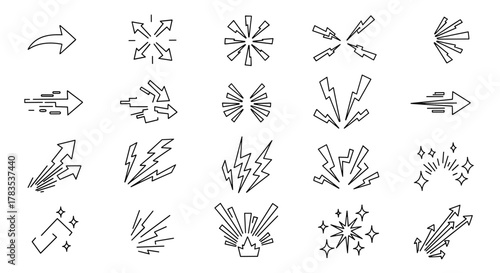 Collection of hand-drawn line art icons representing movement, emphasis, and emotion, including arrows, lightning bolts, speed lines, sparkles, and abstract bursts, perfect for comic, anime, and