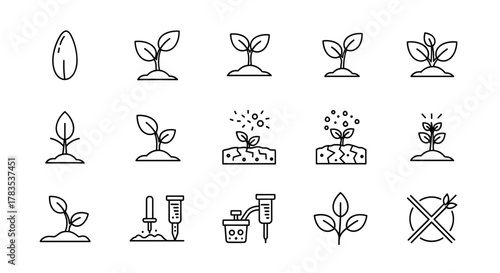 Plant Growing Line Icons Set: A Visual Journey from Seed to Seedling, Illustrating Stages of Spring Growth, Drought Conditions, Soil Testing, and Agricultural Practices with Outline Signs for
