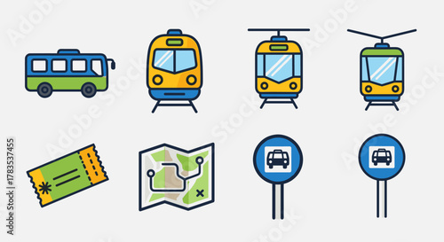 Vibrant flat design icons representing various modes of public transportation, including a colorful bus, a modern train, a classic tram, a travel ticket, a folded map, and a bus stop sign, all