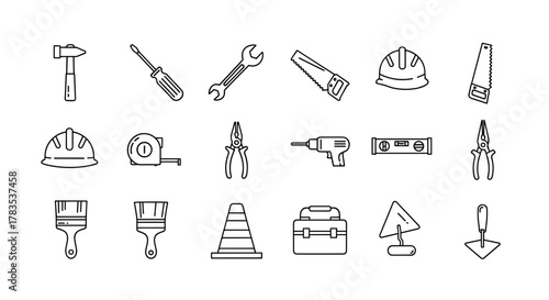 Construction and repair tools line icon set, industry and labor outline symbols, ordered line icon set on white background, hammer, screwdriver, wrench, saw, hard hat, tape measure, pliers, drill
