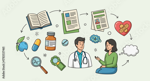 Hand-drawn doodle illustration depicting chronic illness education, showing a doctor consulting with a patient, surrounded by icons of a book, pamphlets, pills, medicine bottle, fruit, magnifying