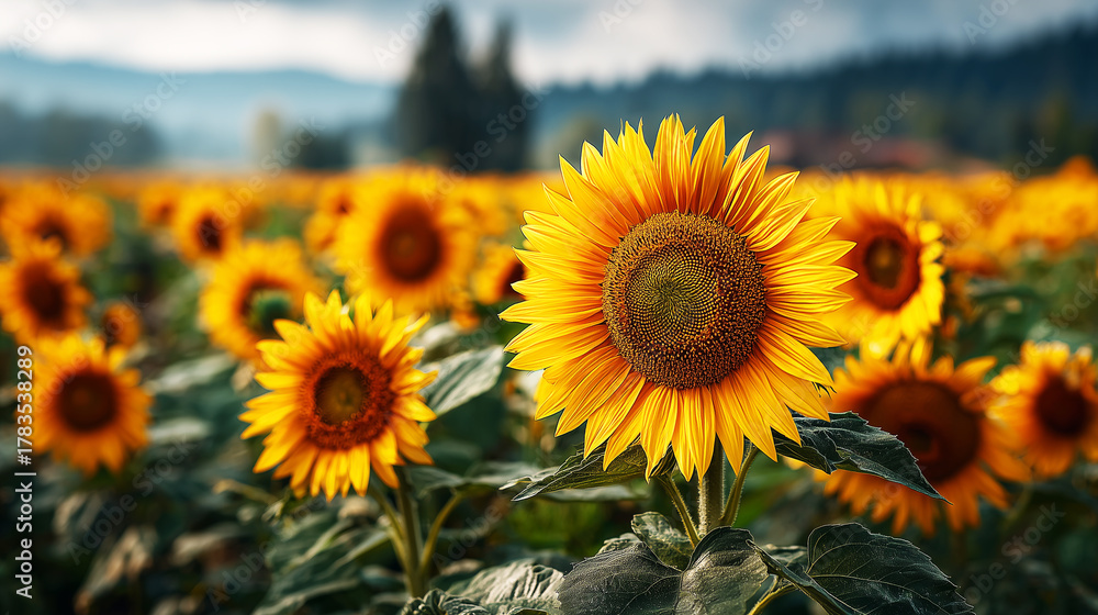 Fototapeta premium Bright sunflowers bloom in the field under soft light of a summer day and blue sky. 