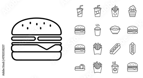 Collection of linear outline icons representing fast food items including hamburgers, french fries, hot dogs, and drinks, presented on a clean white background for easy integration into various