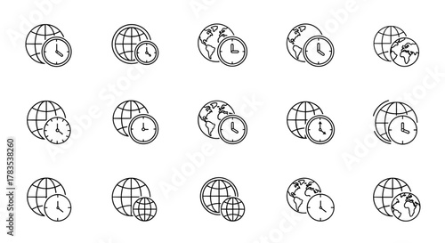 Set of fifteen outline icons representing the globe and clock, symbolizing time zones, global scheduling, international business, and travel planning, suitable for web design, app interfaces, and